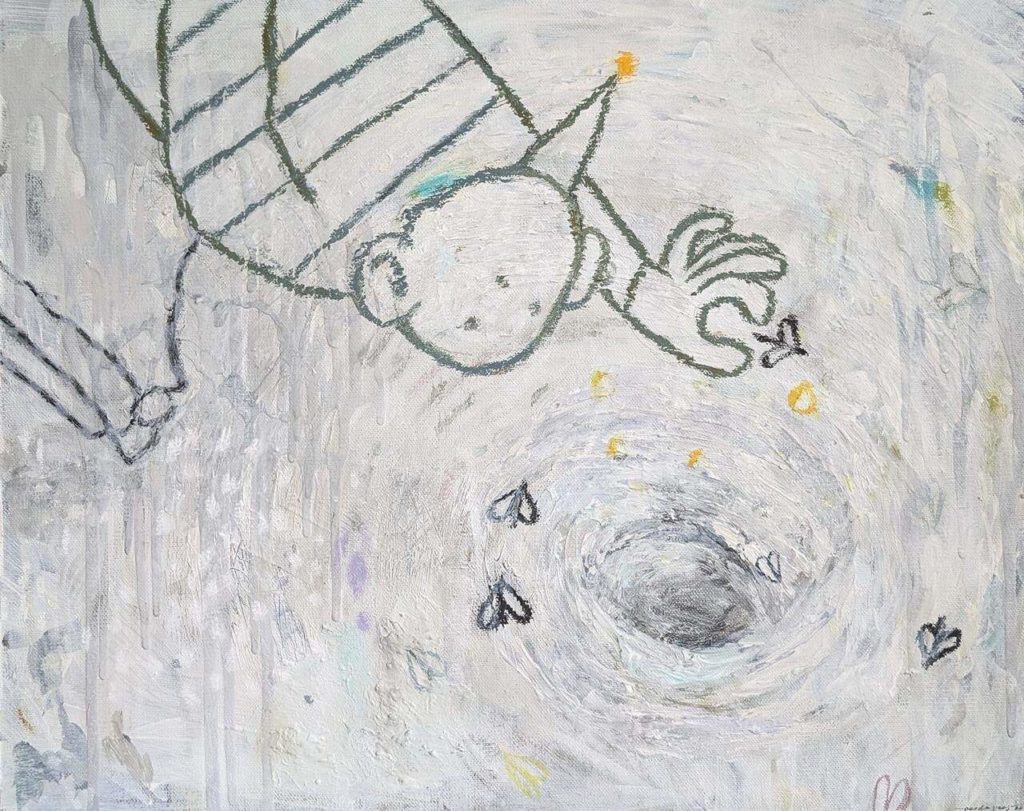 Peinture d’une artiste dont le langage est fait de bâtons, de pierres et de verre