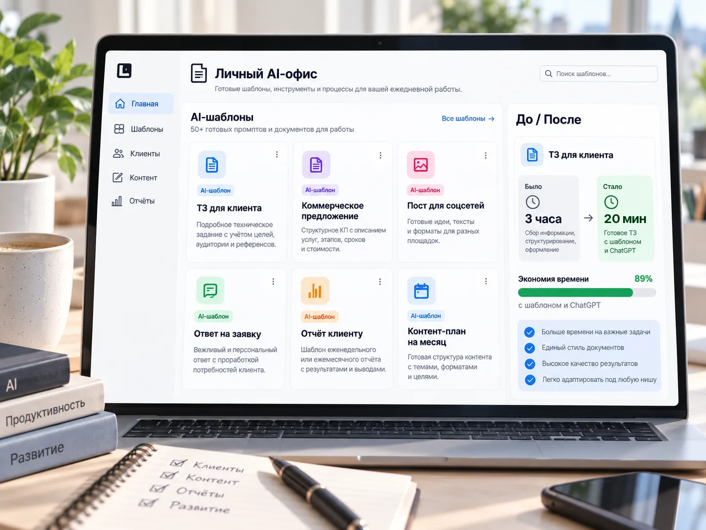 Bureau IA personnel : bibliothèque de modèles IA d’un freelance et exemple avant/après — un cahier des charges client en 20 minutes au lieu de 3 heures