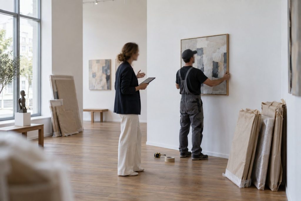 Une manager d’artiste, tablette en main, guide un régisseur qui accroche un tableau dans une galerie