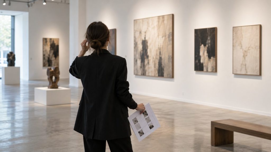 Un commissaire d'exposition, plan d'accrochage en main, observe la disposition des œuvres dans une salle de galerie
