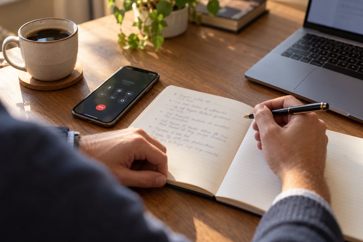Un carnet avec des réponses aux objections et un téléphone pendant un appel client