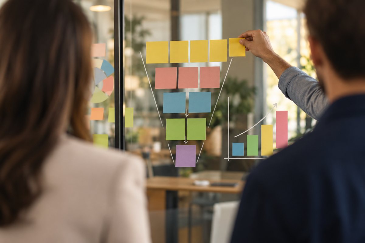 Une équipe planifie le recrutement et les indicateurs sur un tableau vitré avec des post-it