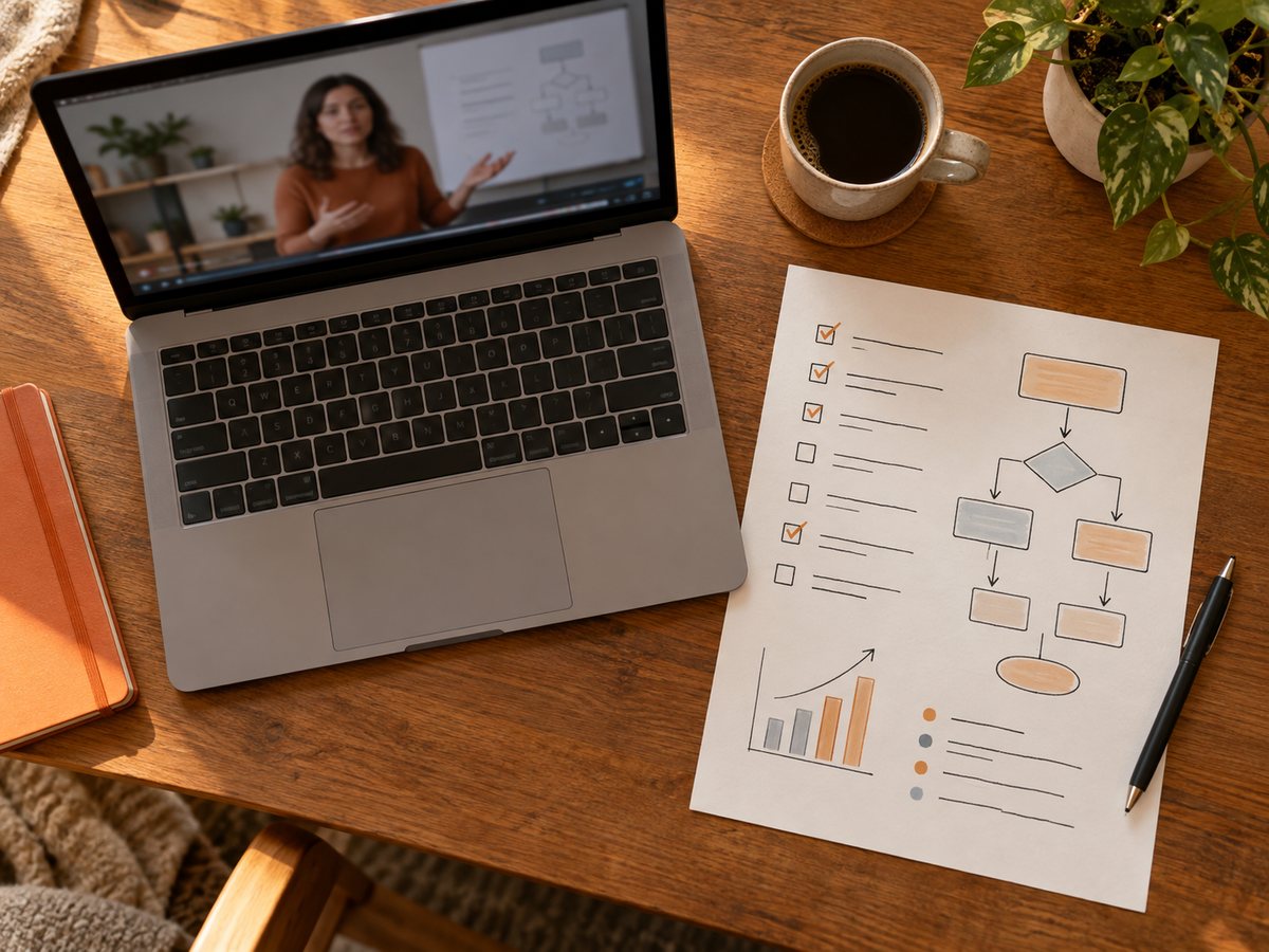 Une leçon vidéo sur un ordinateur portable et une fiche pratique imprimée avec une checklist sur le bureau