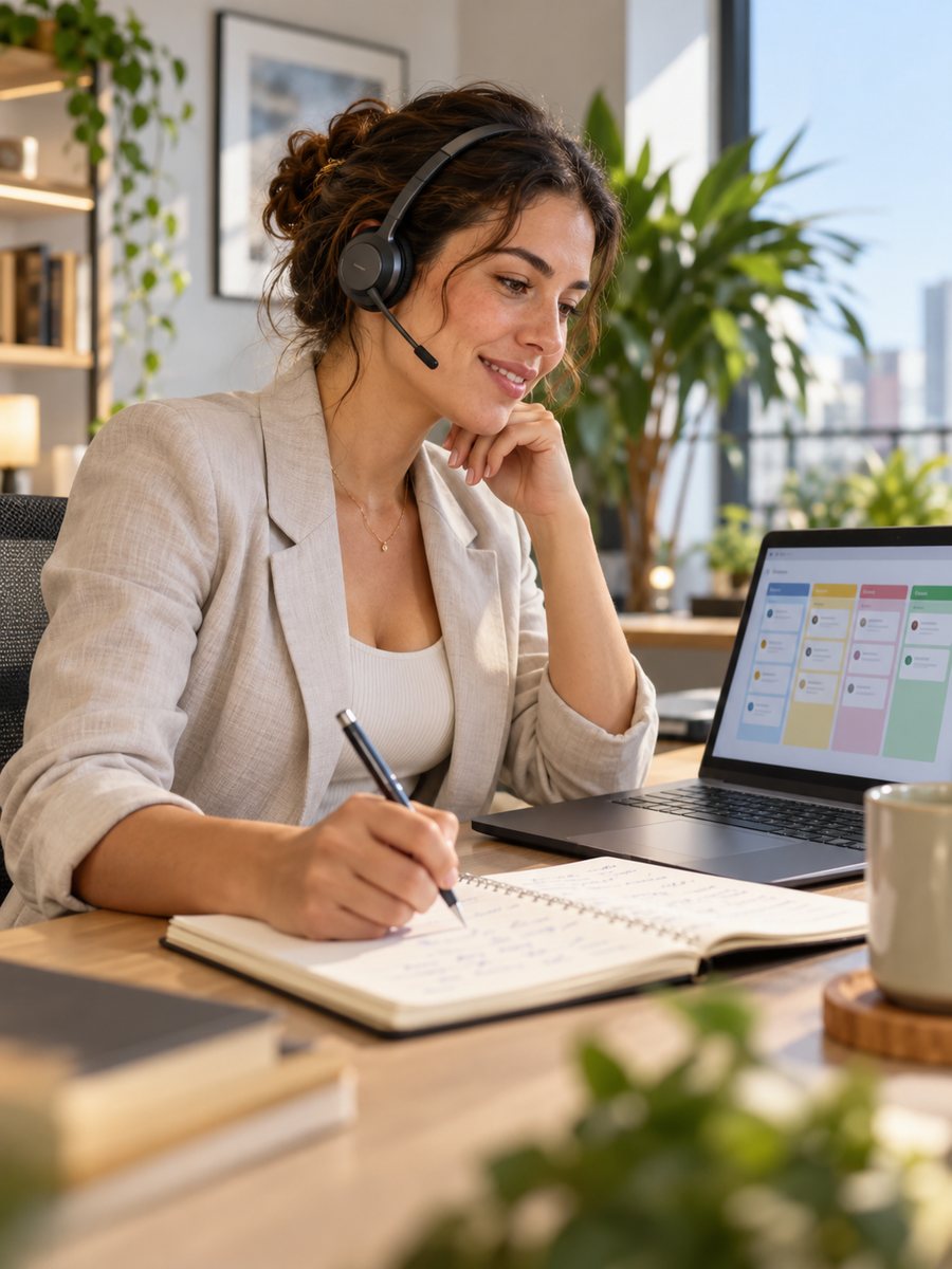 Une responsable commerciale en appel client, qui note le plan de la conversation