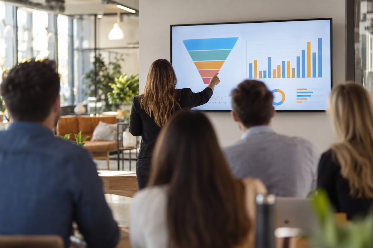 Un point d’équipe commerciale devant un écran avec un entonnoir et des graphiques