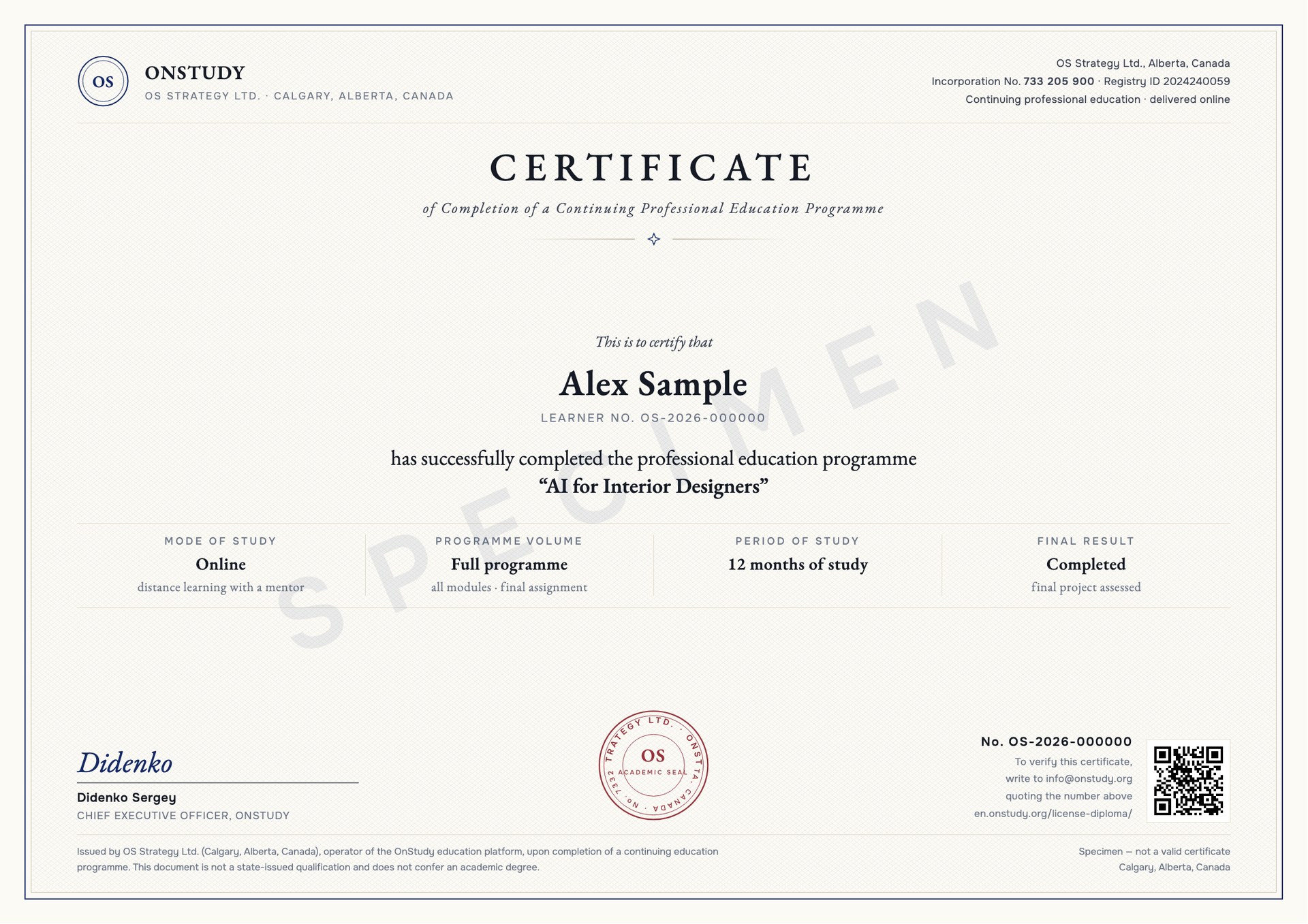 Exemple de certificat de réussite OnStudy