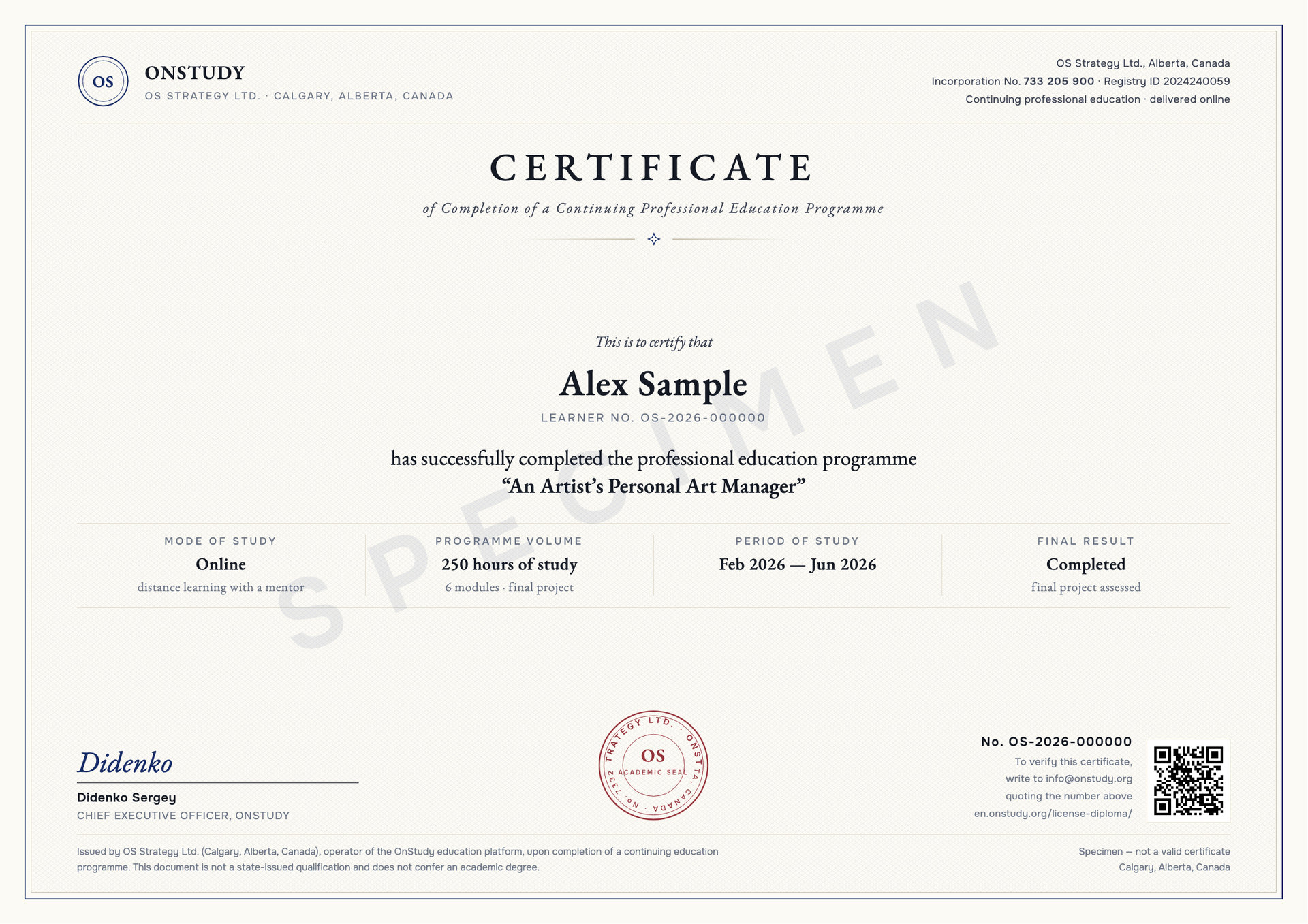 Exemple de certificat de réussite OnStudy