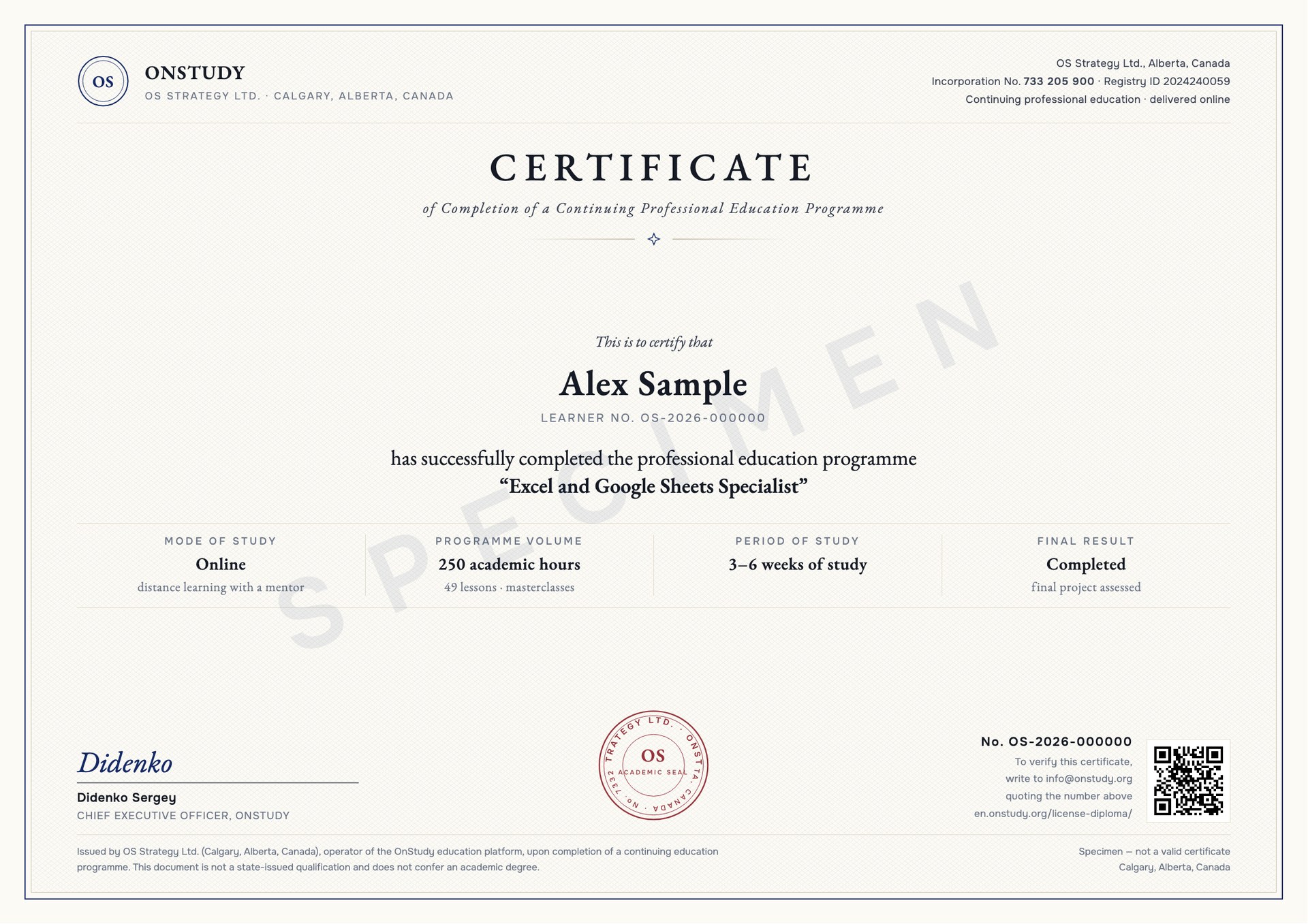 Exemple de certificat de réussite OnStudy