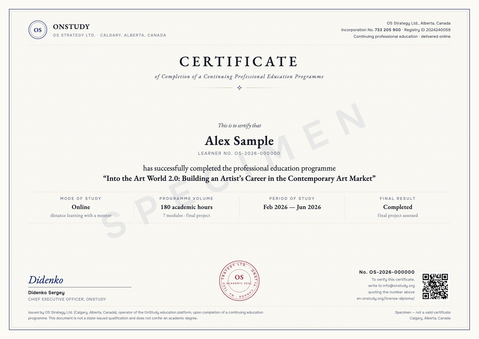Exemple de certificat de réussite OnStudy
