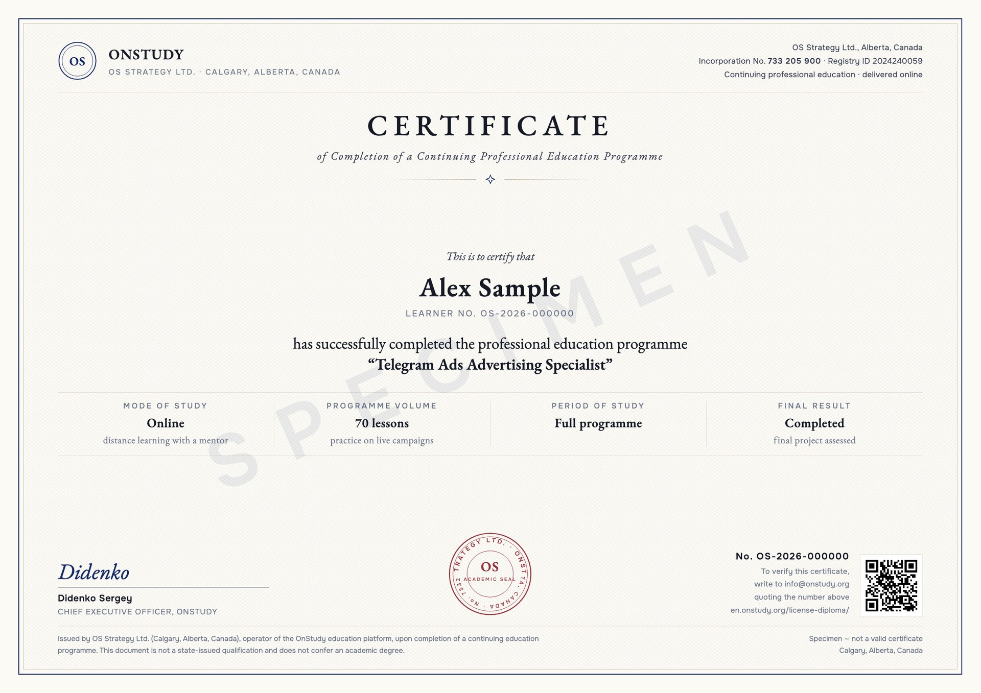 Exemple de certificat de réussite OnStudy