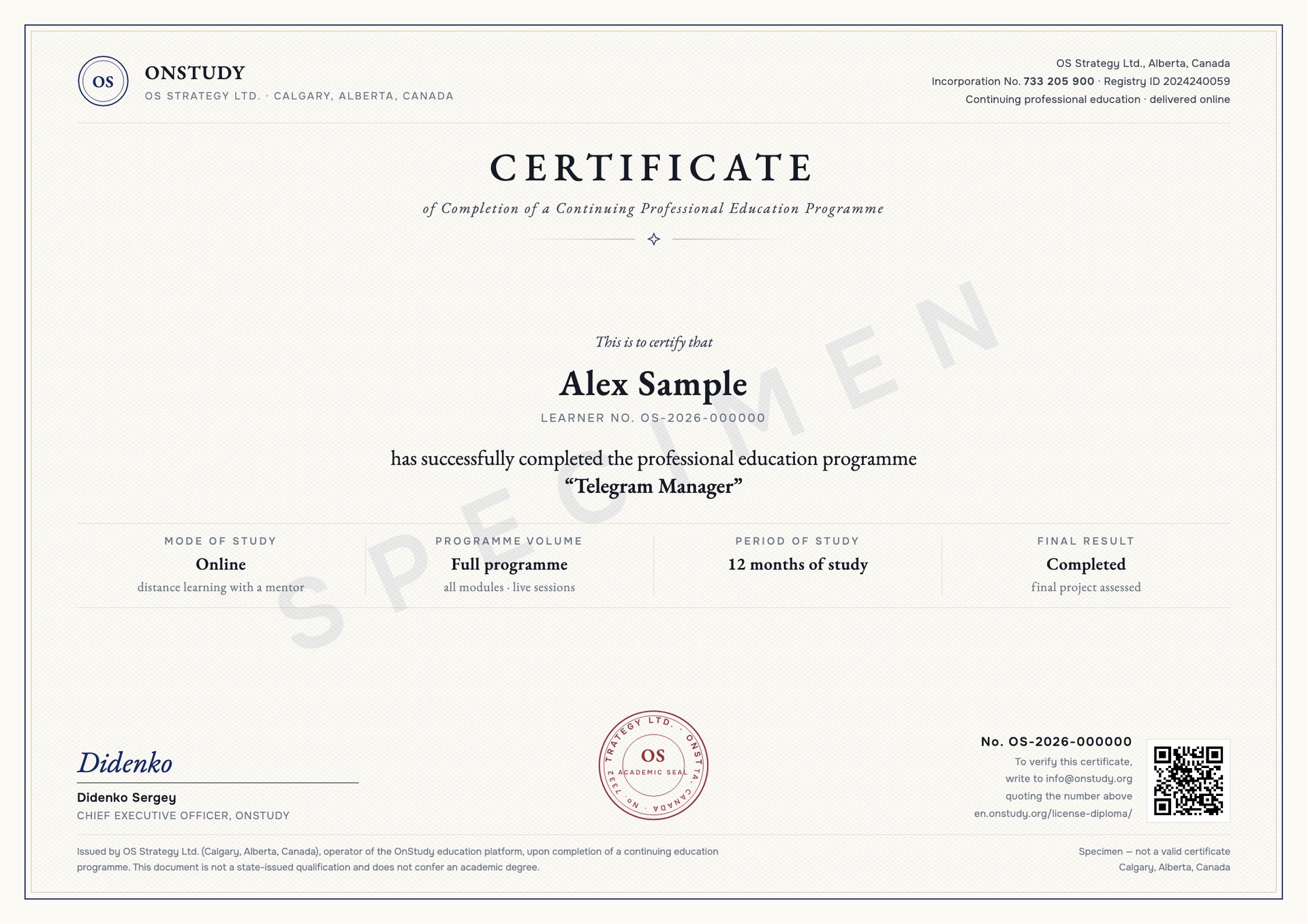 Exemple de certificat de réussite OnStudy